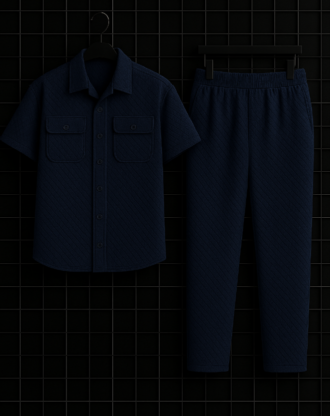 New Safari Waffle Honeycomb Design Tracksuit Set (Button shirt+Trouser) : Navy Blue