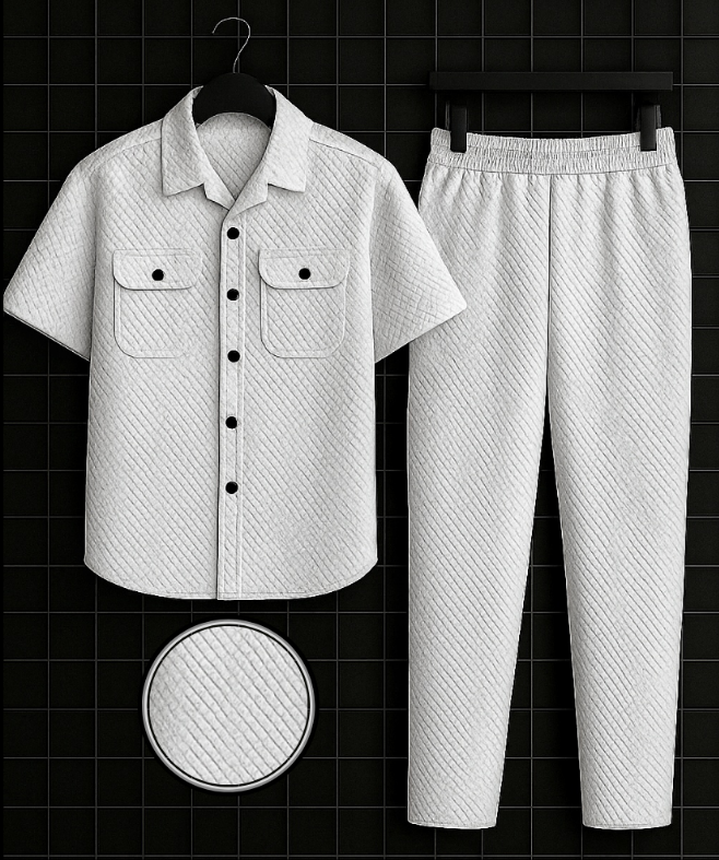 New Safari Waffle Honeycomb Design Tracksuit Set (Button shirt+Trouser) : White