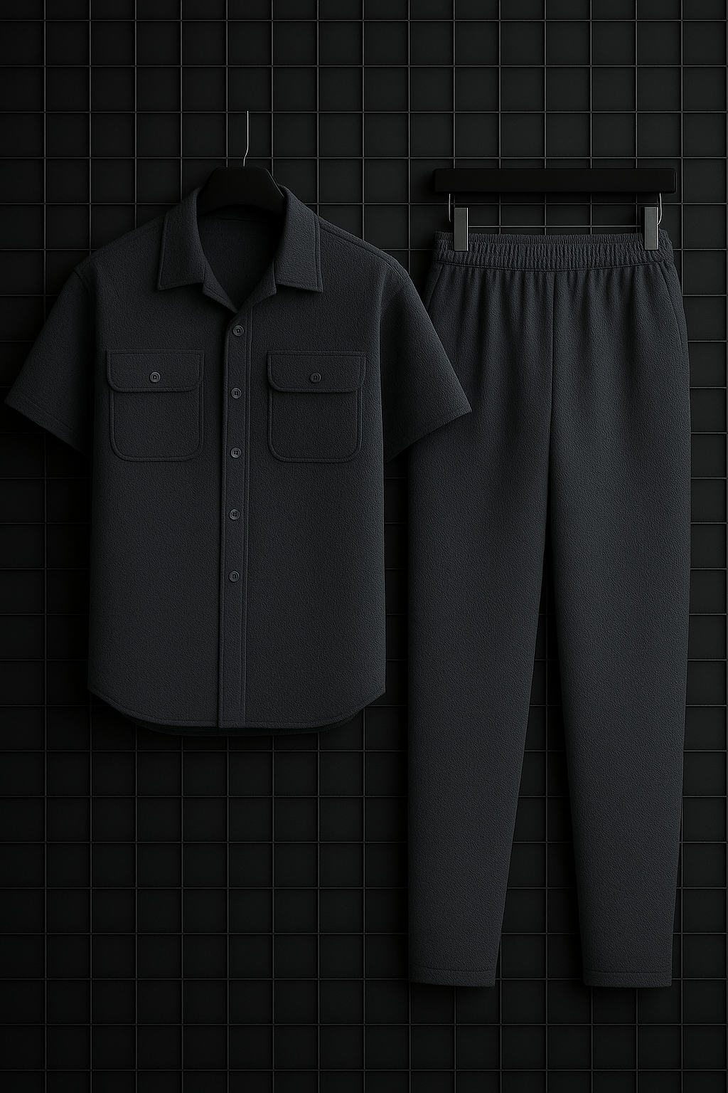 New Safari Waffle Design Tracksuit Set (Button shirt+Trouser) • Charcoal