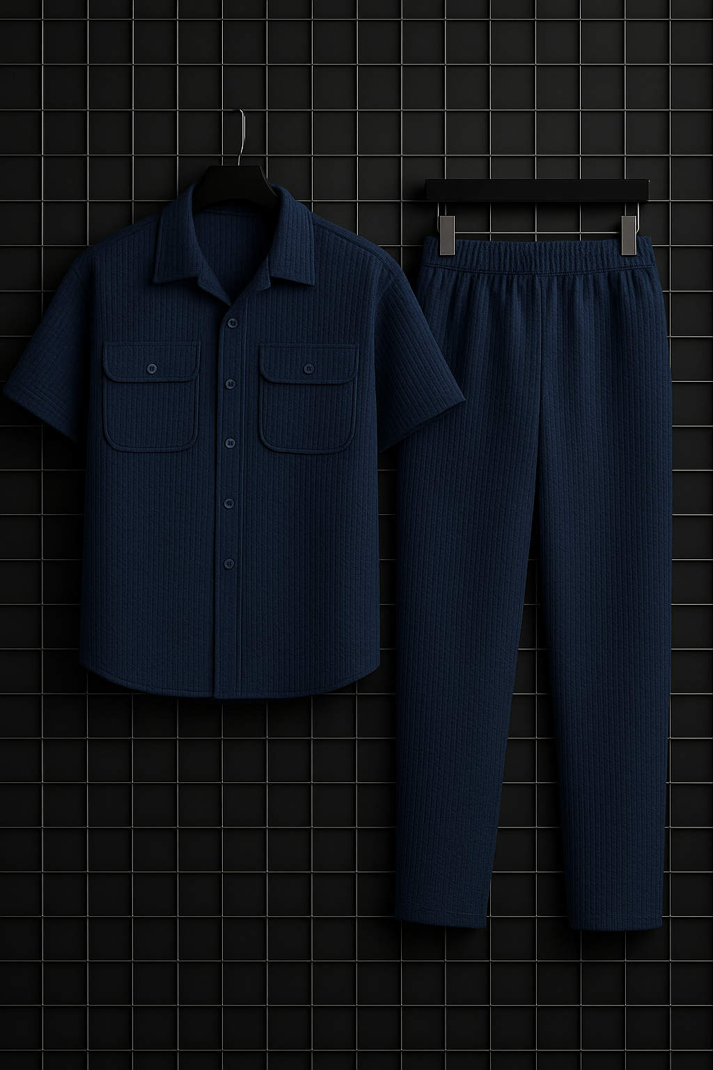New Safari Waffle Design Tracksuit Set (Button shirt+Trouser) • Navy Blue