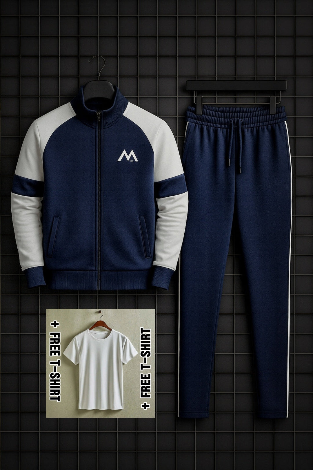 Winter Premium Blue AND WHITE Tracksuit With Free T-shirt–Special Edition - thunder Blue White