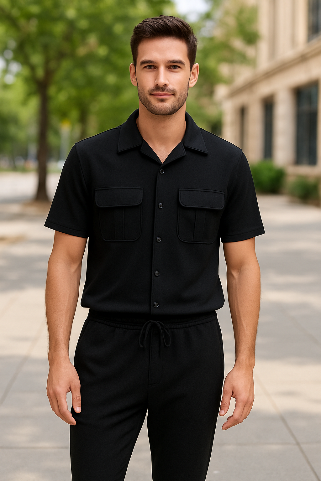 New Safari Plain Design Tracksuit Set (Button shirt+Trouser) Outfit Black 🖤