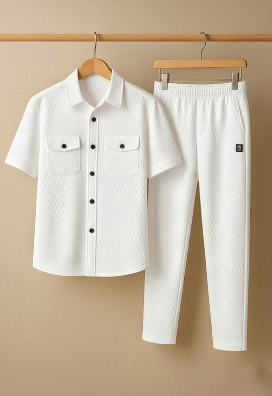 New Safari Honeycomb Waffle Design Tracksuit Set (Button shirt+Trouser) • ORIGINAL WHITE
