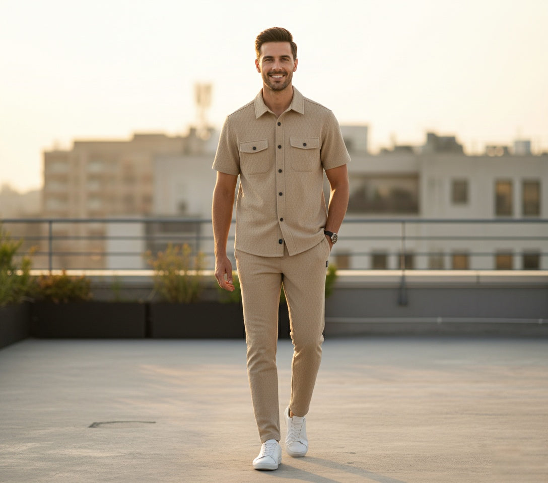 New Safari Honeycomb Waffle Design Tracksuit Set (Button shirt+Trouser) • ORIGINAL KHAKI BEIGE