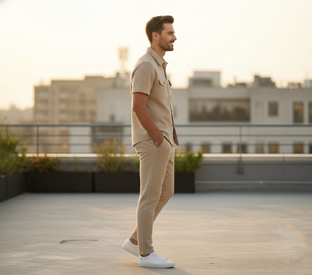 New Safari Honeycomb Waffle Design Tracksuit Set (Button shirt+Trouser) • ORIGINAL KHAKI BEIGE