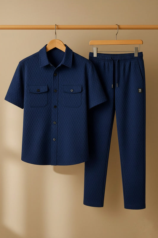 New Safari Honeycomb Waffle Design Tracksuit Set (Button shirt+Trouser) • ORIGINAL NAVY BLUE