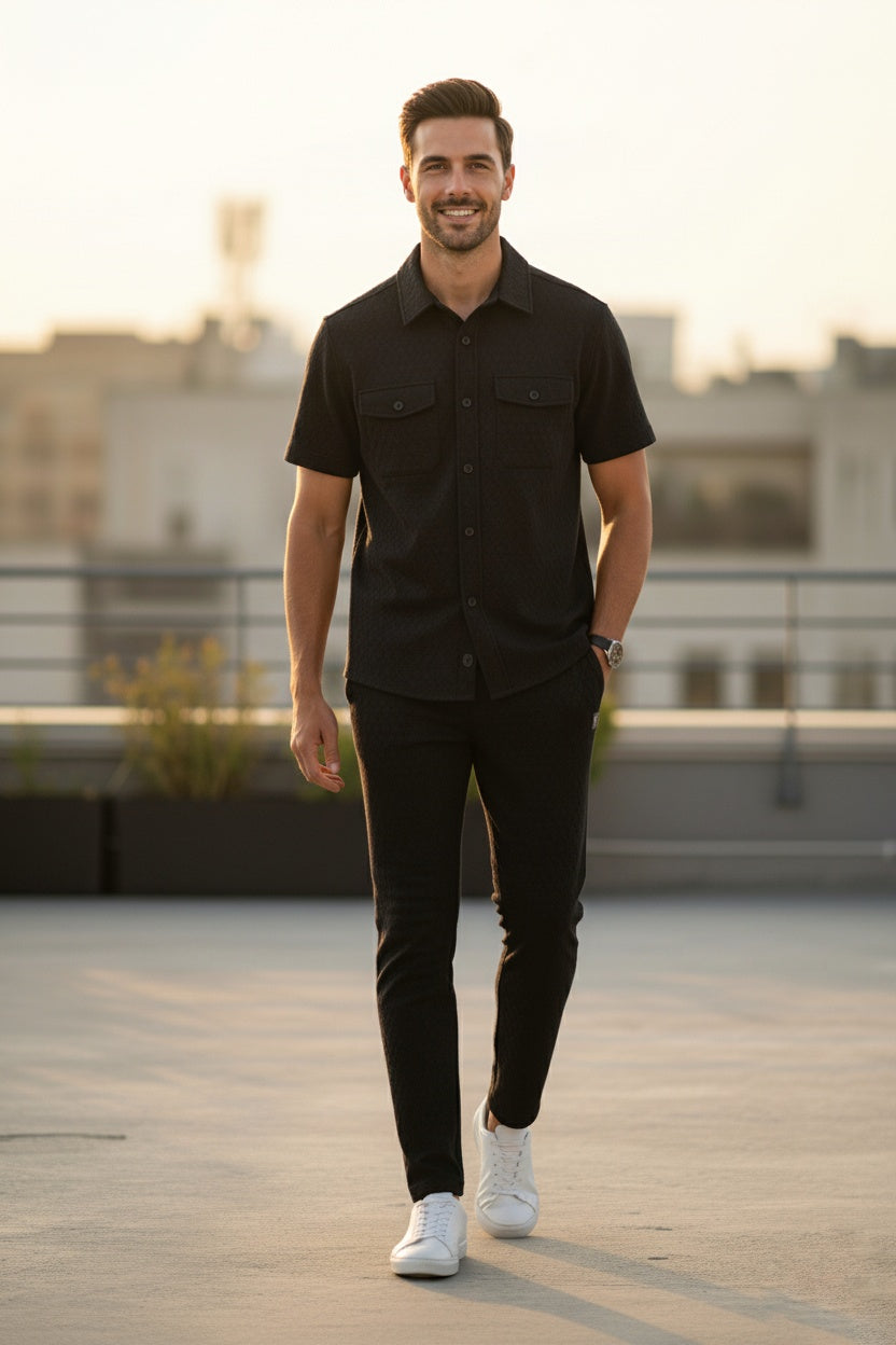 New Safari Honeycomb Waffle Design Tracksuit Set (Button shirt+Trouser) • ORIGINAL BLACK