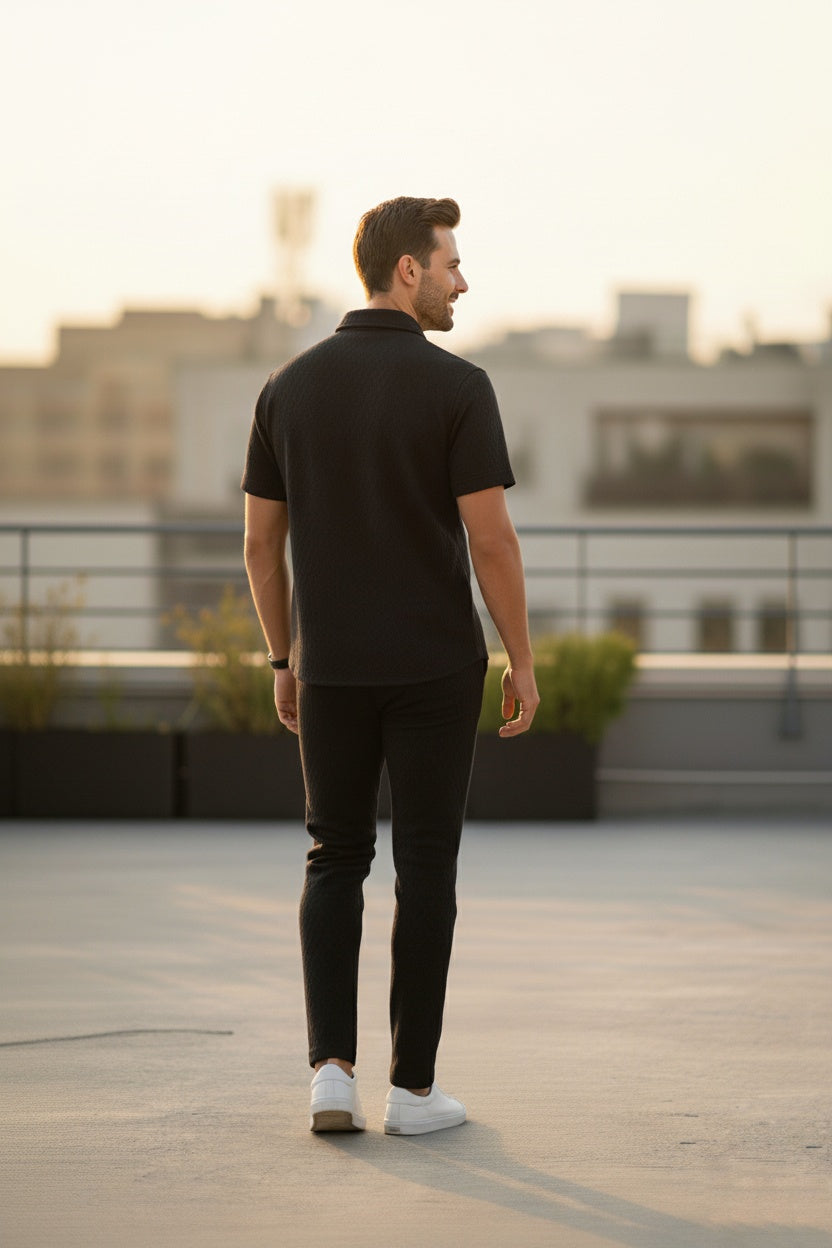 New Safari Honeycomb Waffle Design Tracksuit Set (Button shirt+Trouser) • ORIGINAL BLACK