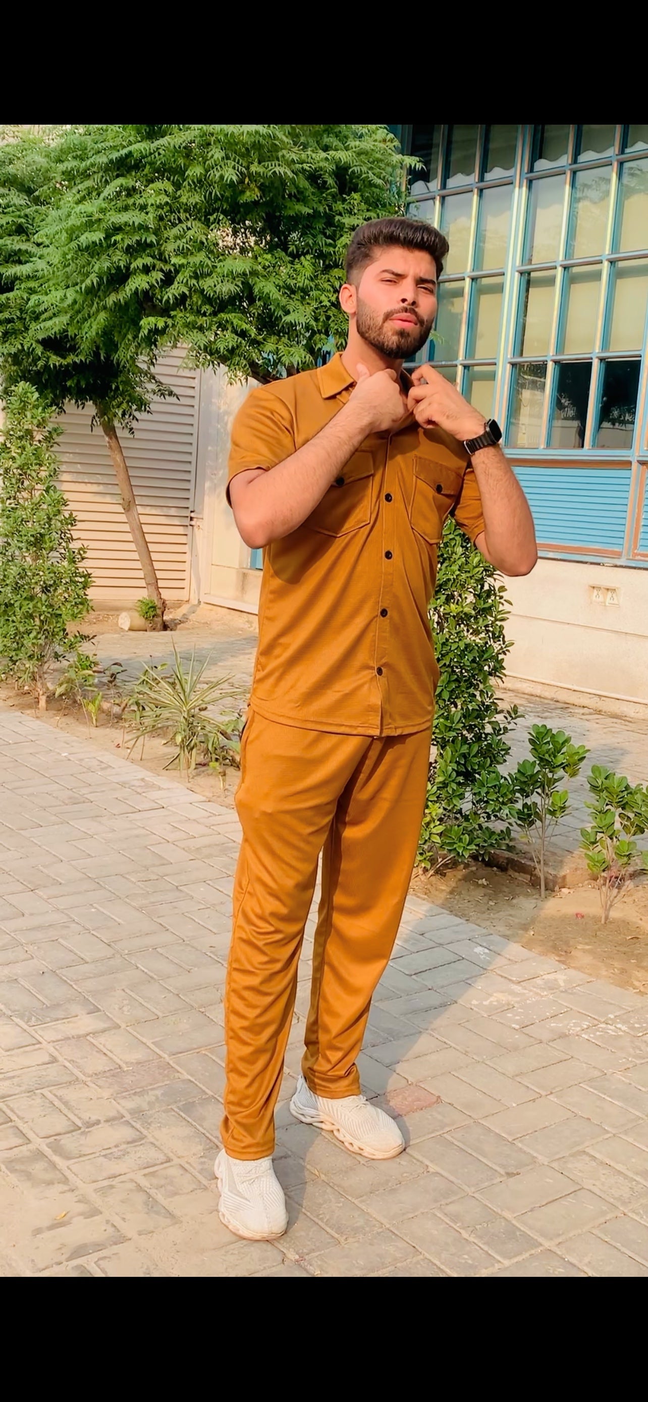 New Safari Blend Design Tracksuit Set (Button shirt+Trouser) • Bargandi Waffel O