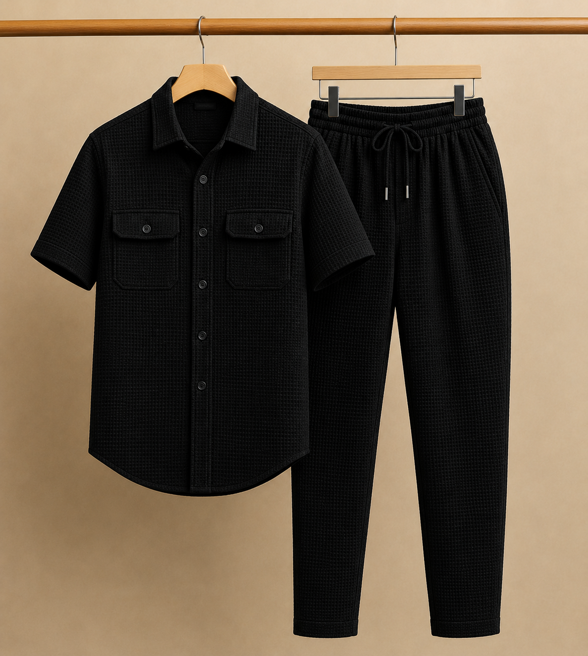 New Safari Blend Design Tracksuit Set (Button shirt+Trouser) • Black Waffe O