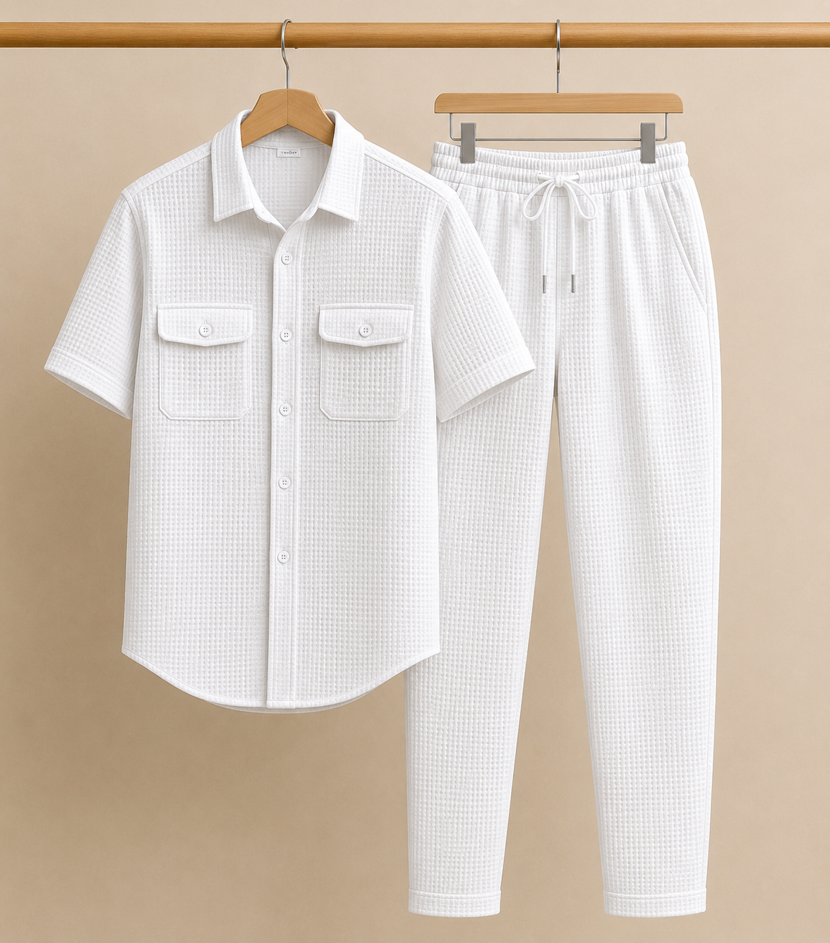 New Safari Blend Design Tracksuit Set (Button shirt+Trouser) • Light White O