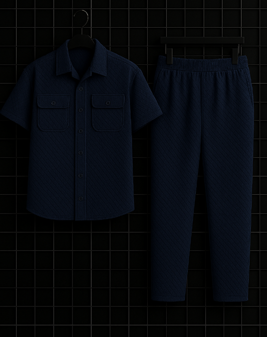 New Safari Waffle Honeycomb Design Tracksuit Set (Button shirt+Trouser) : Navy Blue