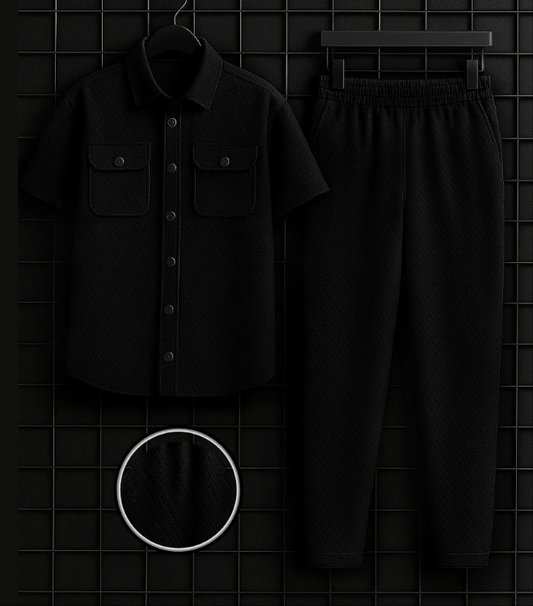 New Safari Waffle Honeycomb Design Tracksuit Set (Button shirt+Trouser) : Black