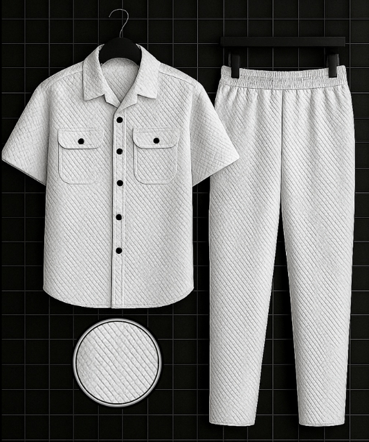 New Safari Waffle Honeycomb Design Tracksuit Set (Button shirt+Trouser) : White