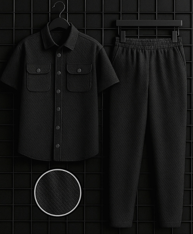 New Safari Waffle Honeycomb Design Tracksuit Set (Button shirt+Trouser) : Charcoal