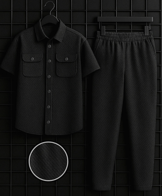New Safari Waffle Honeycomb Design Tracksuit Set (Button shirt+Trouser) : Charcoal