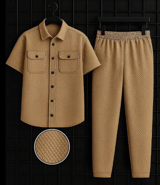 New Safari Honeycomb Waffle Design Tracksuit Set (Button shirt+Trouser) : Beige golden