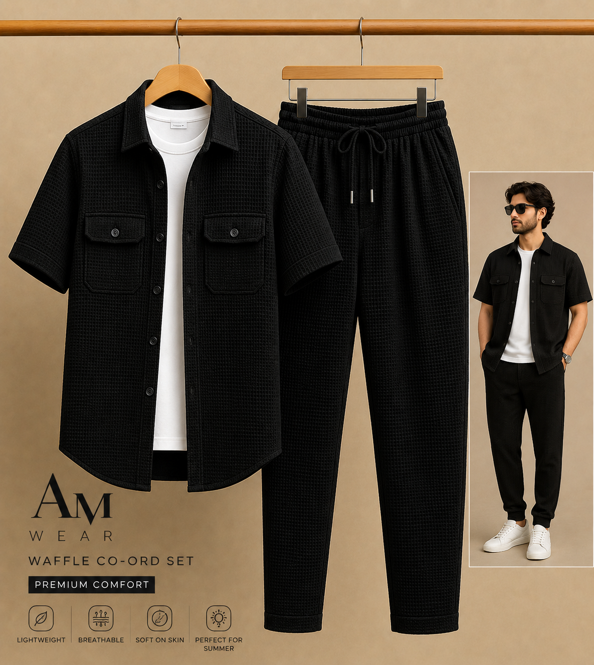 New Safari Blend Design Tracksuit Set (Button shirt+Trouser) • Black+T-Shirt