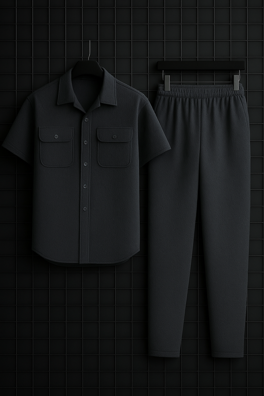 New Safari Waffle Design Tracksuit Set (Button shirt+Trouser) • Charcoal