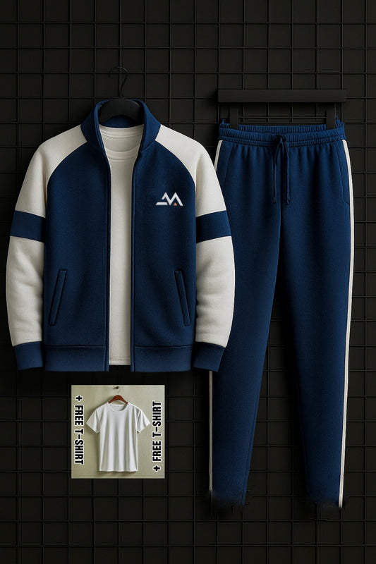 Winter Premium Blue AND WHITE Tracksuit With Free T-shirt–Special Edition - Blue White