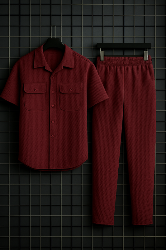 New Safari Waffle Design Tracksuit Set (Button shirt+Trouser) •Maroon
