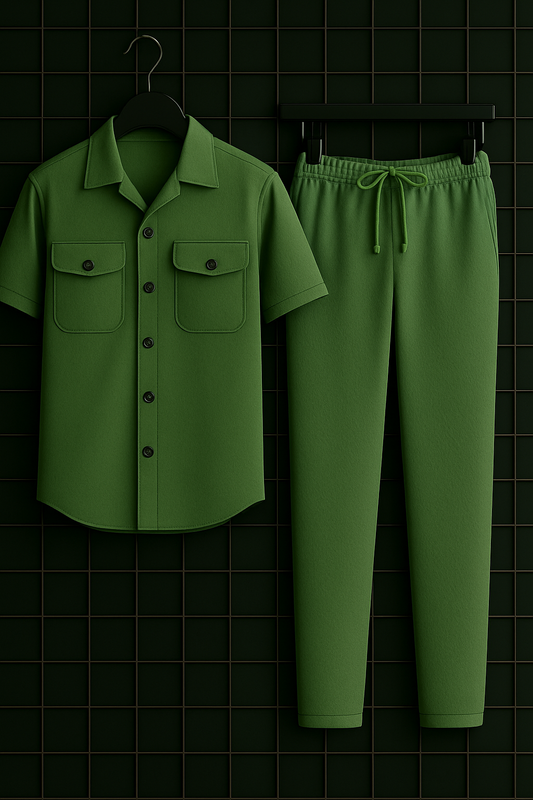 New Safari Waffle Design Tracksuit Set (Button shirt+Trouser) • Sea Green
