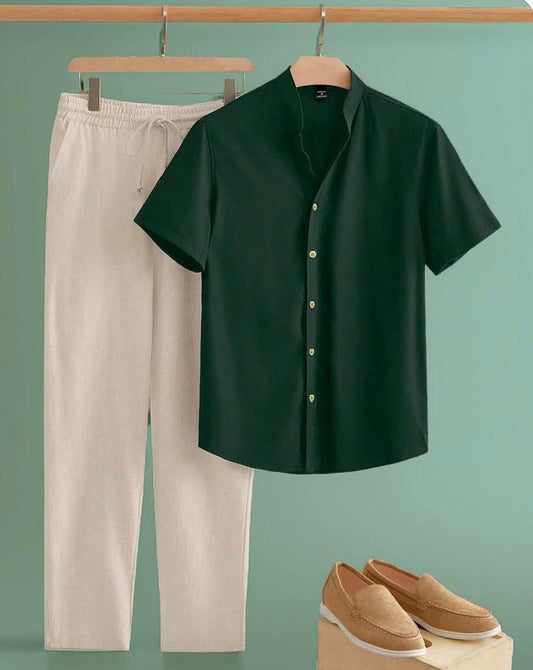 New Safari Blend Design Tracksuit Set (Button shirt+Trouser) • Dark Green