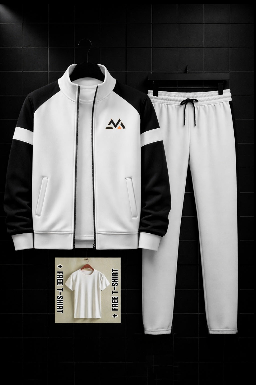 Winter Premium white & Black Tracksuit Free T shirt– Edition Full White-black arms