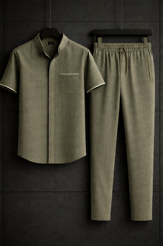 New Safari Blend Design Tracksuit Set (Button shirt+Trouser) • Zinc