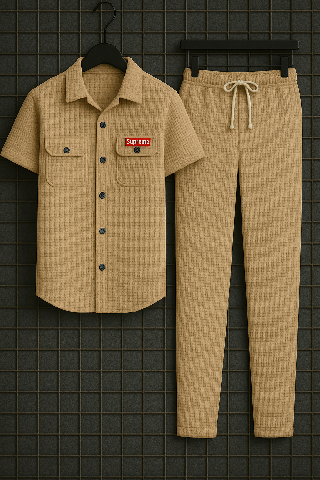 New Safari Waffle Design Tracksuit Set (Button shirt+Trouser) Blue