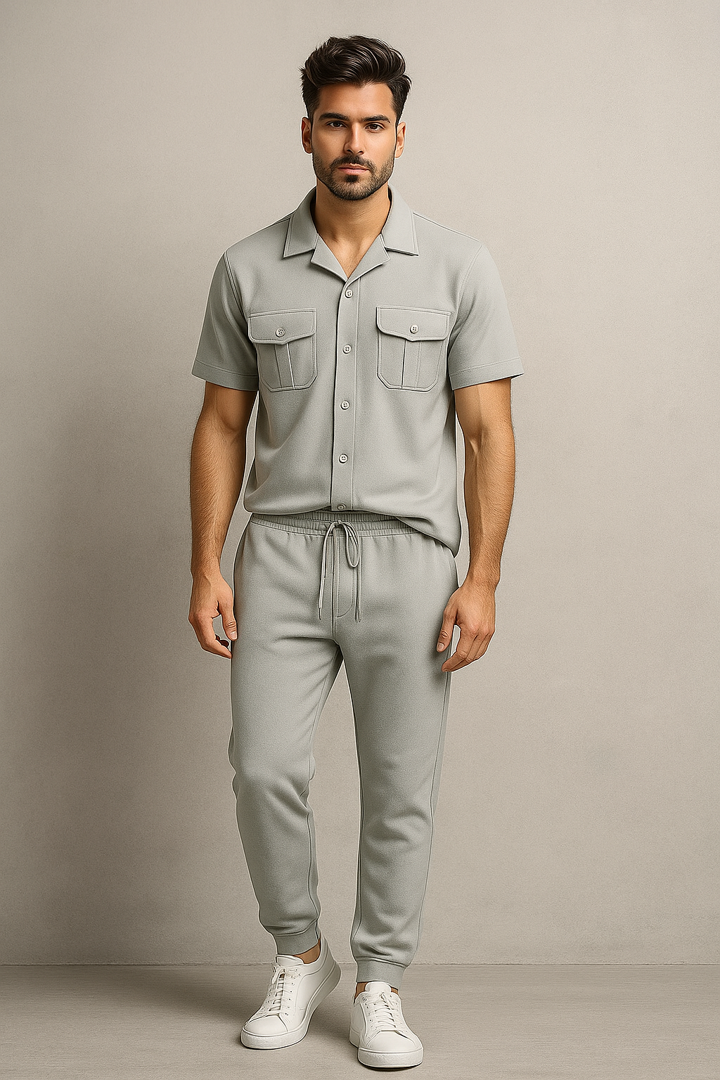 New Safari Plain Design Tracksuit Set (Button shirt+Trouser) Outfit Whitish Grey 🩶