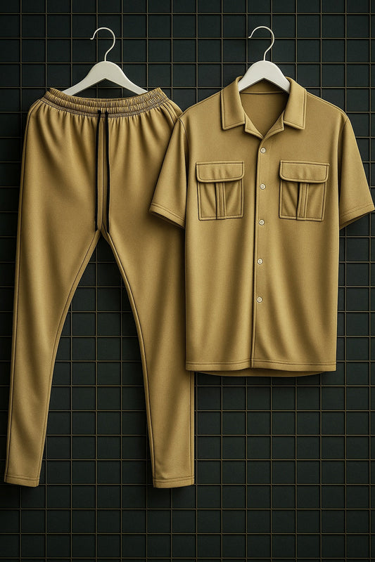 New Safari Plain Design Tracksuit Set (Button shirt+Trouser) Outfit Brown 🤎