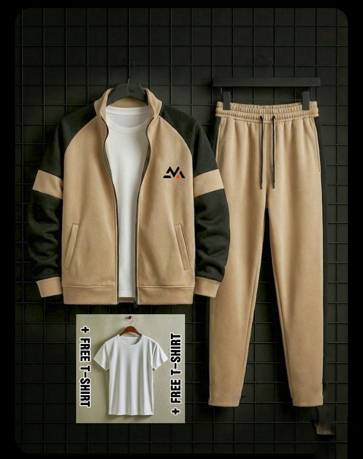 Winter Premium BROWN AND BLACK Tracksuit with free T-shirt -Special Edition -BEIGE BLACK