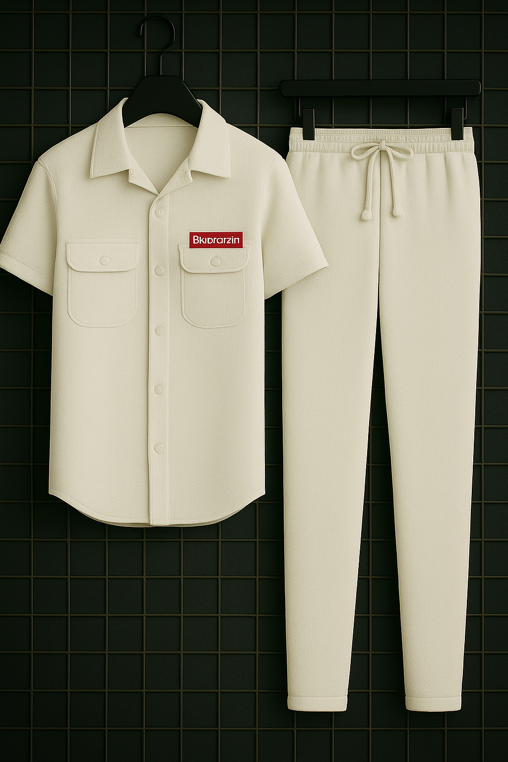 New Safari Waffle Design Tracksuit Set (Button shirt+Trouser) Light White