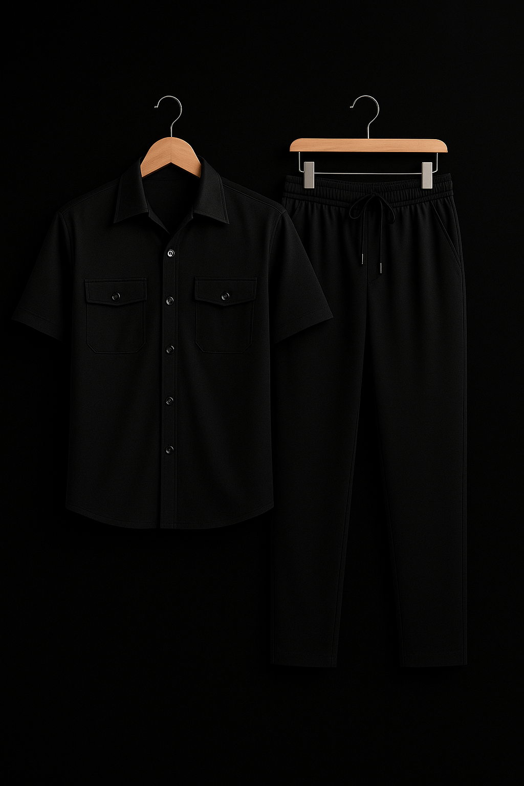 New Safari Waffle Design Tracksuit Set (Button shirt+Trouser) • Black