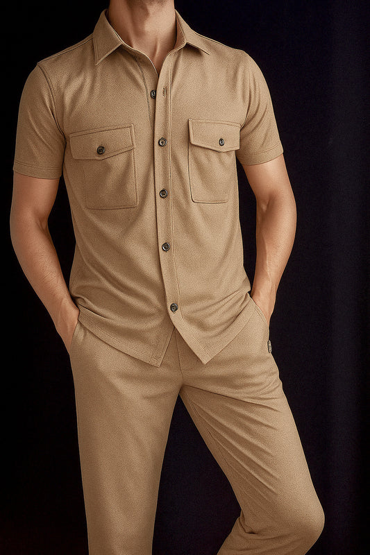 New Safari Waffle Honeycomb Design Tracksuit Set (Button shirt+Trouser) : Beige Golden
