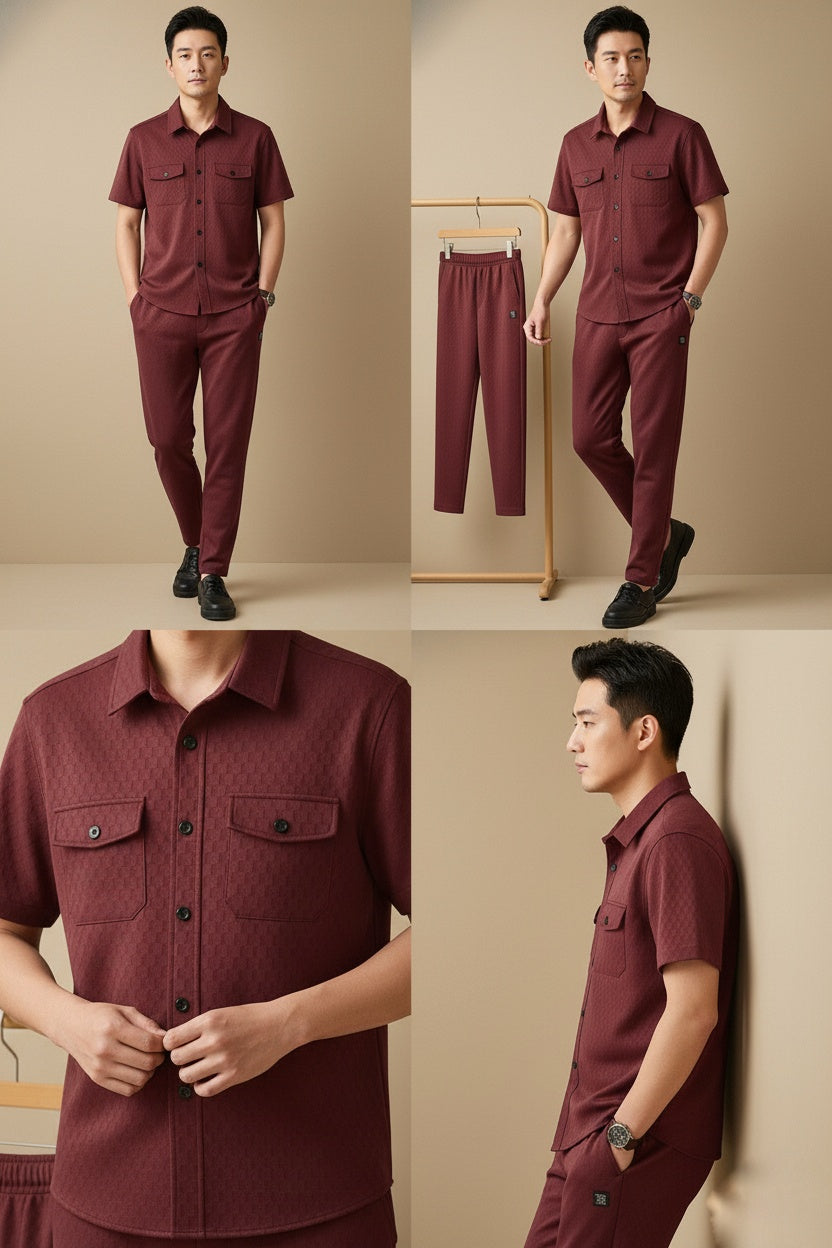 New Safari Honeycomb Waffle Design Tracksuit Set (Button shirt+Trouser) • ORIGINAL Maroon