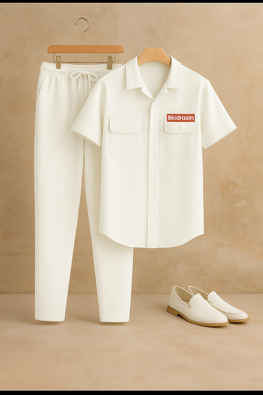 New Safari Waffle Design Tracksuit Set (Button shirt+Trouser) Light White