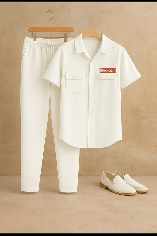 New Safari Waffle Design Tracksuit Set (Button shirt+Trouser) Light White