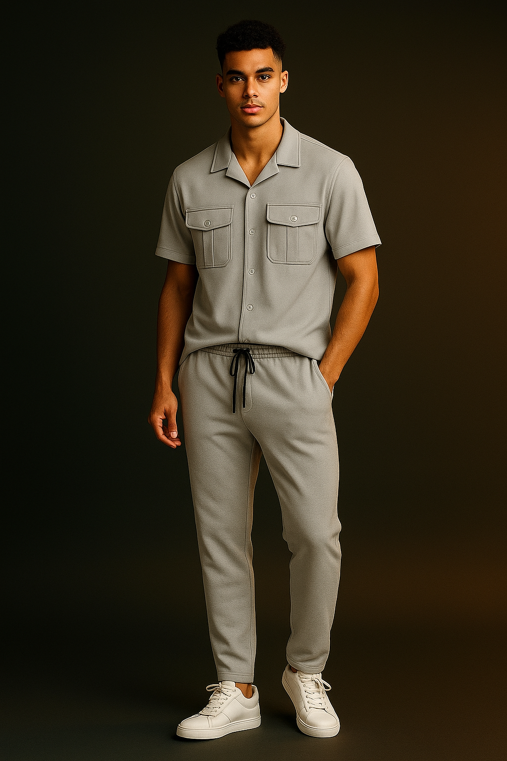 New Safari Plain Design Tracksuit Set (Button shirt+Trouser) Outfit Whitish Grey 🩶