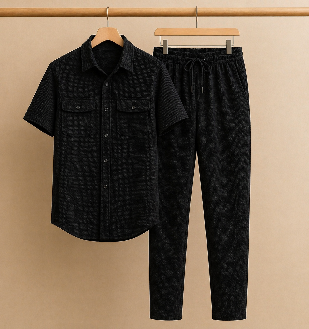 New Safari Blend Design Tracksuit Set (Button shirt+Trouser) • Black Waffe O