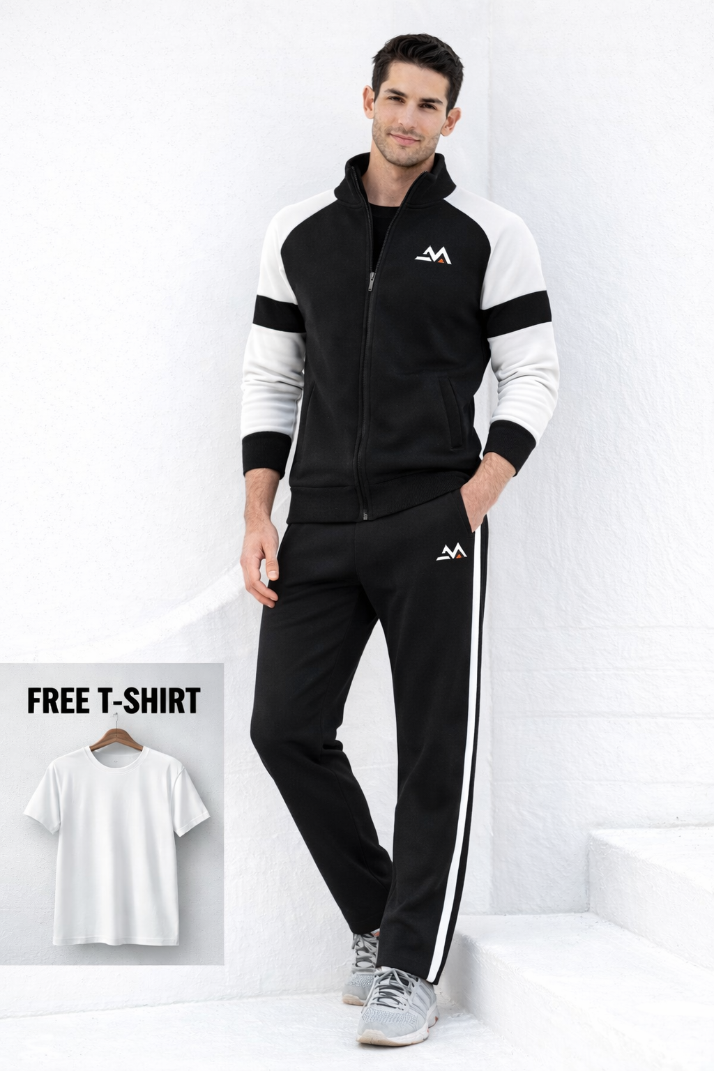 Winter Premium WHITE AND BLACK Tracksuit With Free T-shirt–Special Edition - BLACK WHITE
