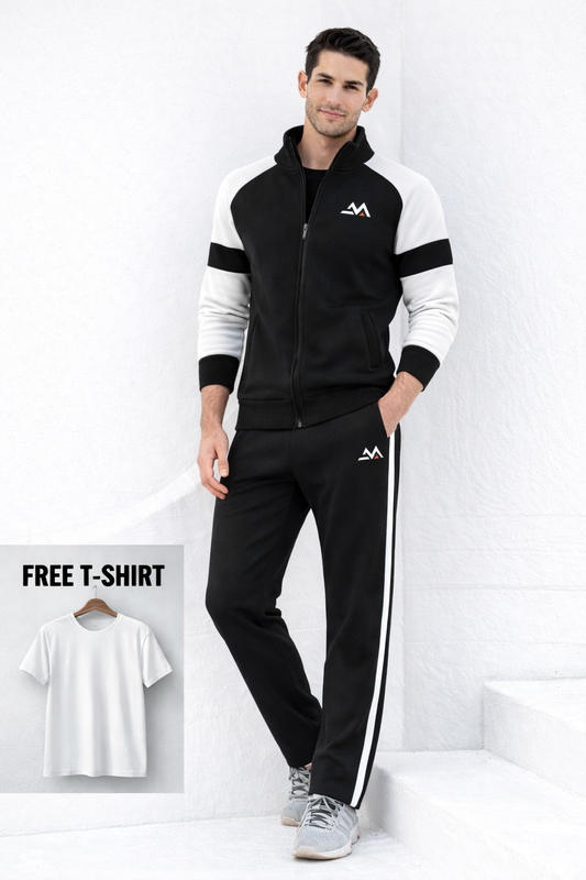 Winter Premium WHITE AND BLACK Tracksuit With Free T-shirt–Special Edition - BLACK WHITE