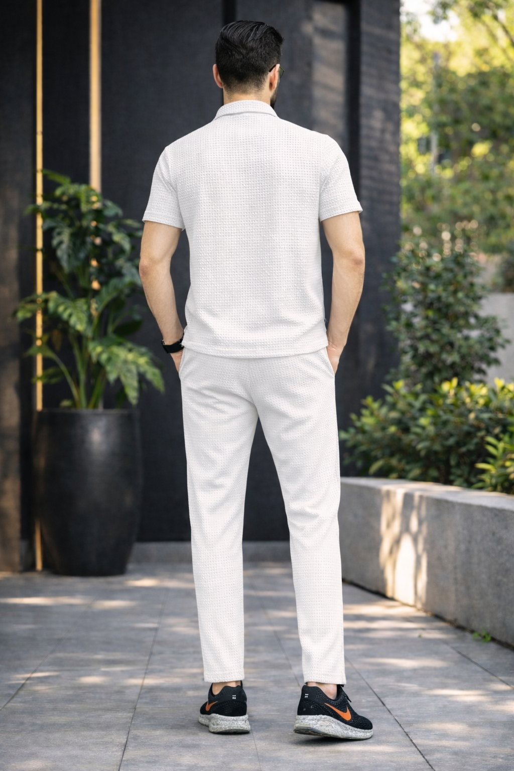 New Safari Blend Design Tracksuit Set (Button shirt+Trouser) • Light White O