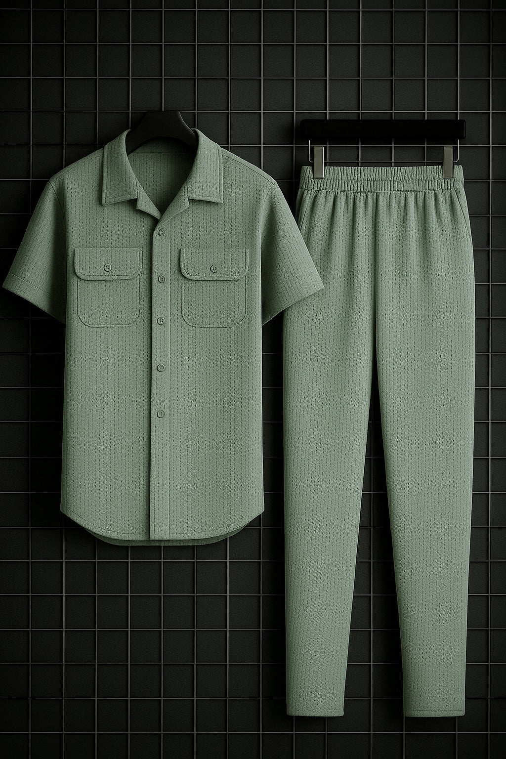 New Safari Waffle Design Tracksuit Set (Button shirt+Trouser) • Zinc