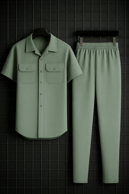 New Safari Waffle Design Tracksuit Set (Button shirt+Trouser) • Zinc