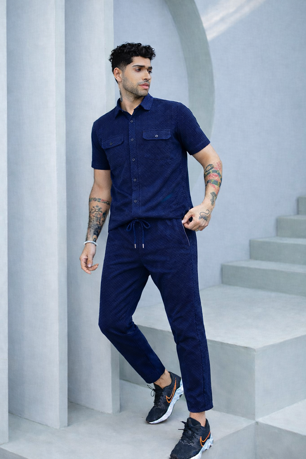 New Safari Blend Design Tracksuit Set (Button shirt+Trouser) • Blue Waffle O