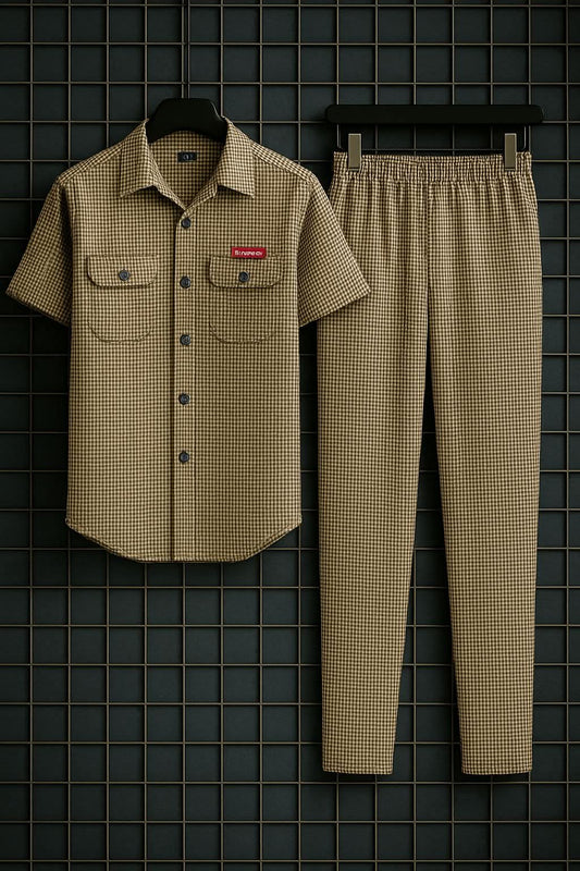 New Safari Blend Design Tracksuit Set (Button shirt+Trouser) • beige