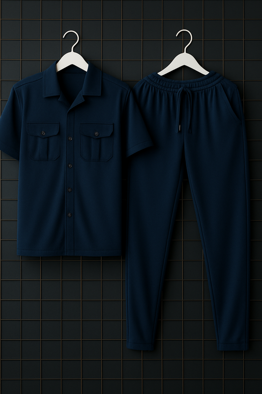 New Safari Plain Design Tracksuit Set (Button shirt+Trouser) Outfit Navy Blue 💙