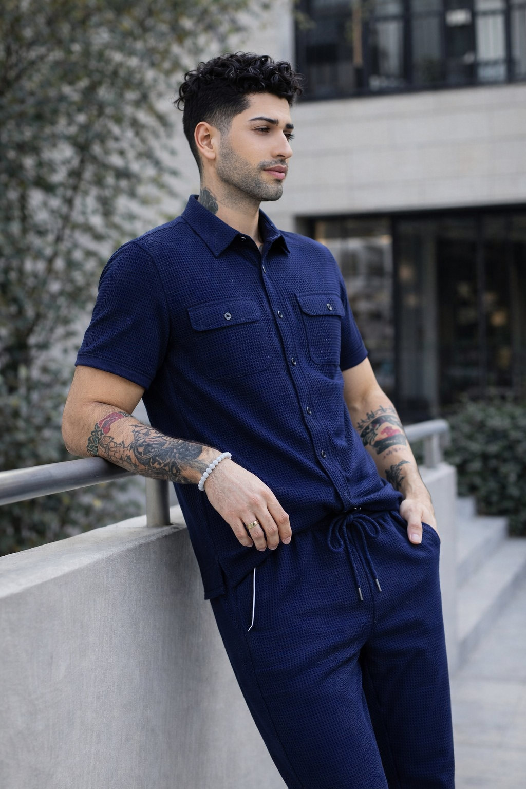 New Safari Blend Design Tracksuit Set (Button shirt+Trouser) • Blue Waffle O